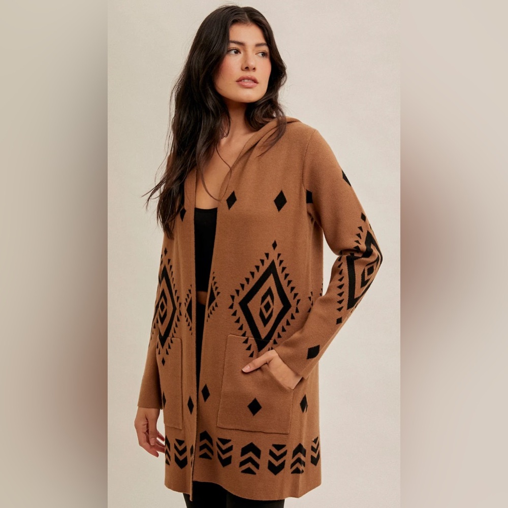🍁 NWT Hem & Thread AZTEC HOODIE CARDIGAN- BROWN/BLACK